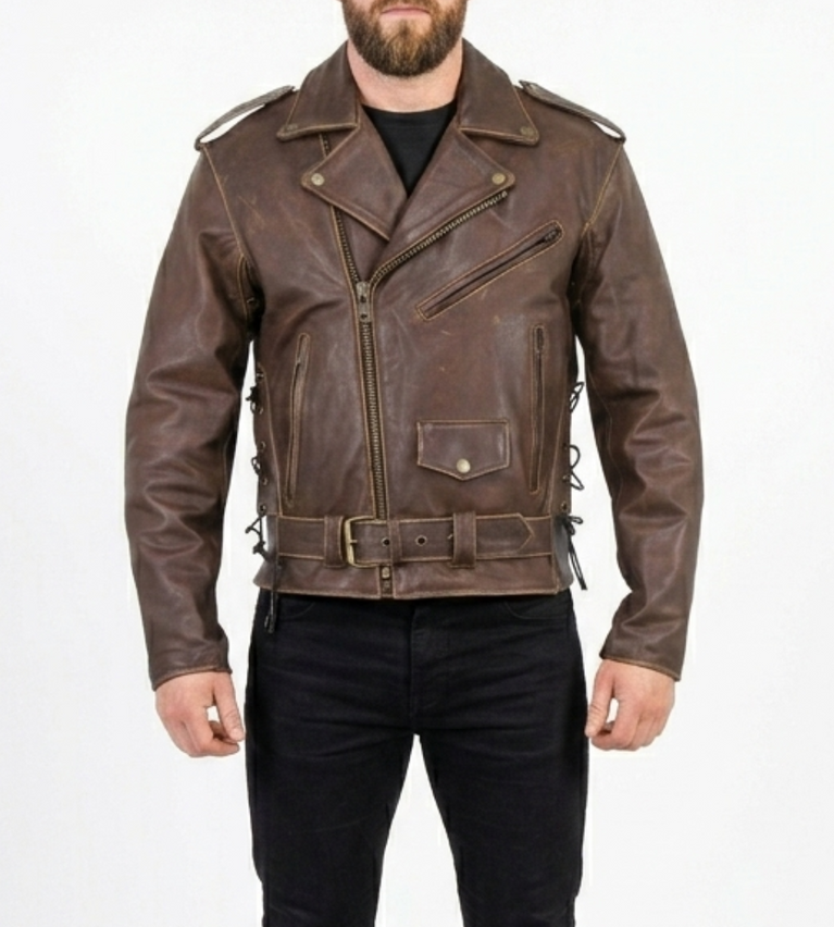 Men’s Embossed Flying Skull Distressed Leather Biker Jacket