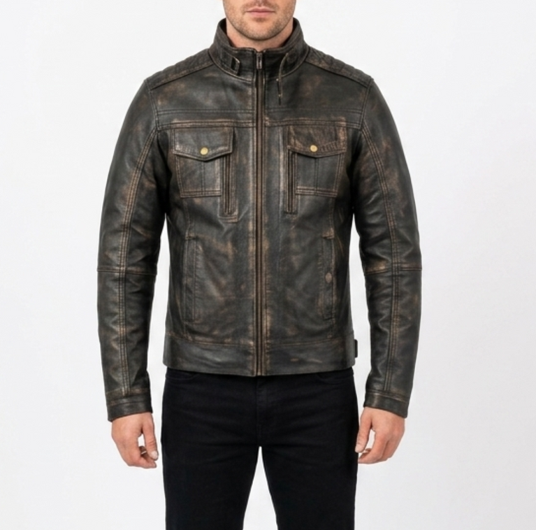 Men’s Brushed Antique Grey Leather Cafe Racer Jacket