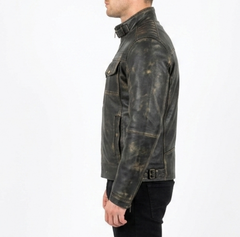 Men’s Brushed Antique Grey Leather Cafe Racer Jacket