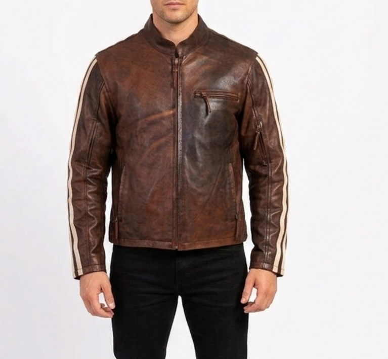 Men’s Leather Cruiser Jacket with Removable Armour and Mandarin Collar