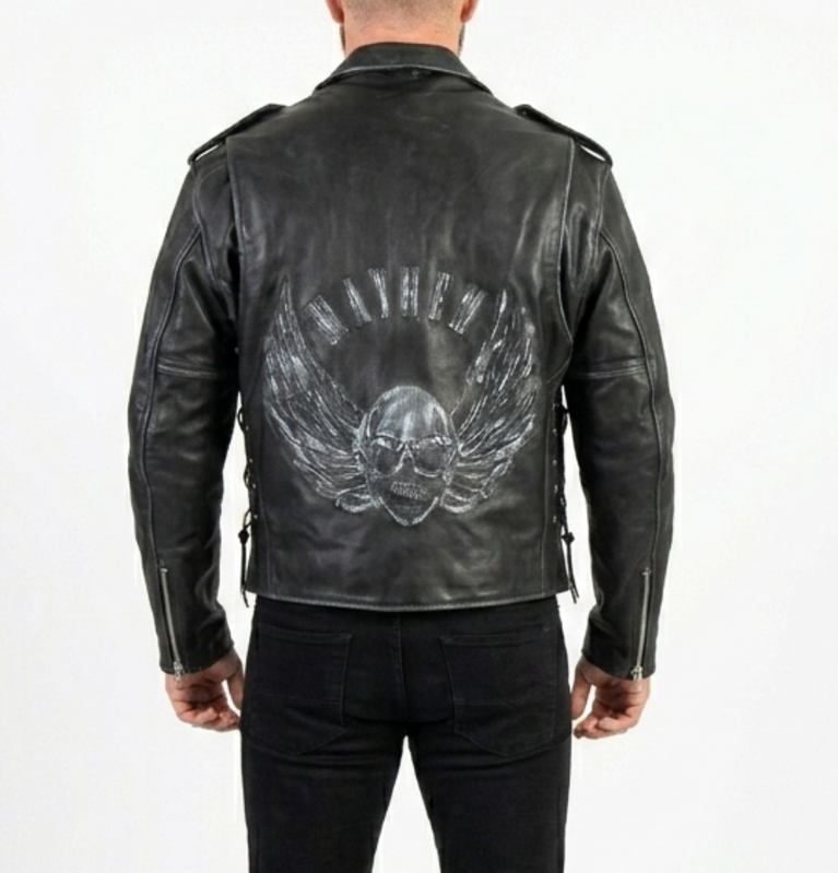 Men’s Embossed Flying Skull Distressed Leather Biker Jacket