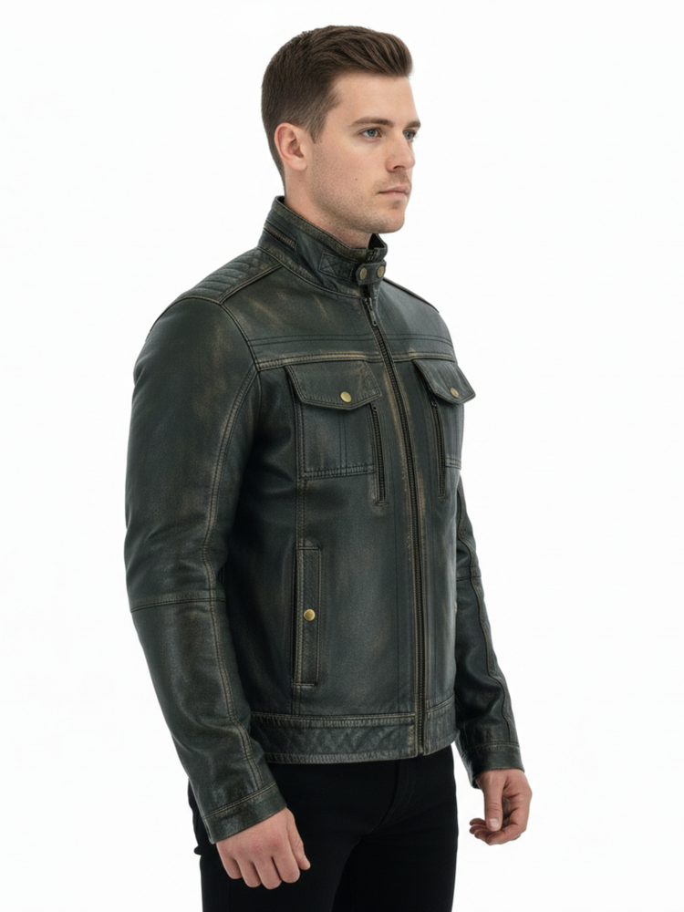 Men’s Brushed Antique Grey Leather Cafe Racer Jacket