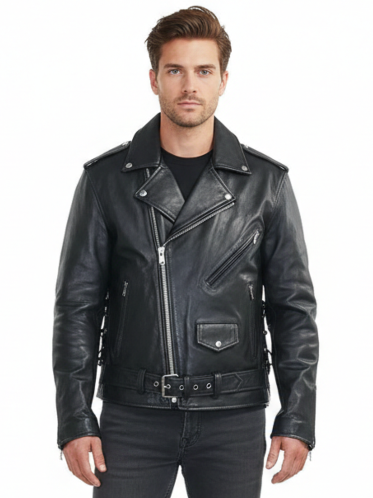 Men’s Embossed Flying Skull Distressed Leather Biker Jacket