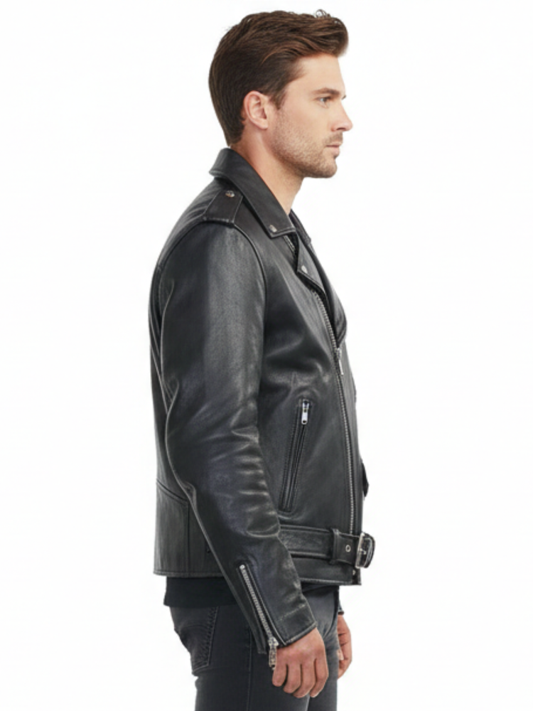 Men’s Embossed Flying Skull Distressed Leather Biker Jacket
