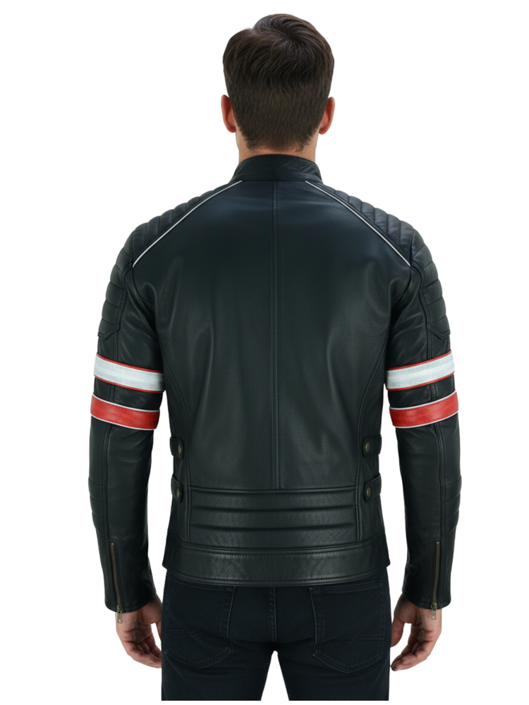 The Oxford Tracer | Retro Striped Cafe Racer Leather Jacket