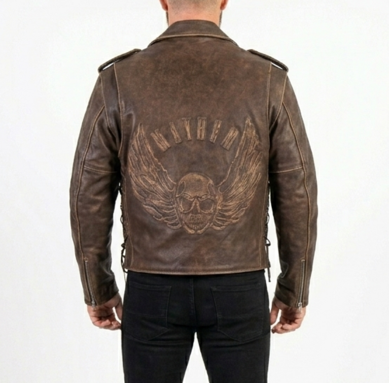 Men’s Embossed Flying Skull Distressed Leather Biker Jacket