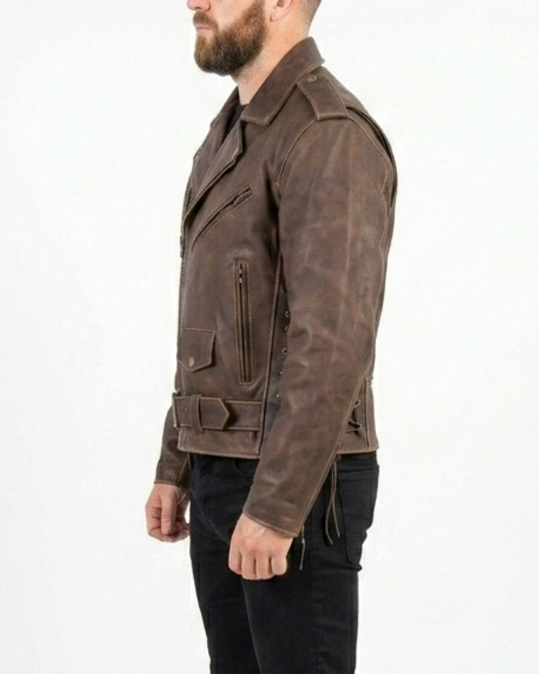 Men’s Embossed Flying Skull Distressed Leather Biker Jacket