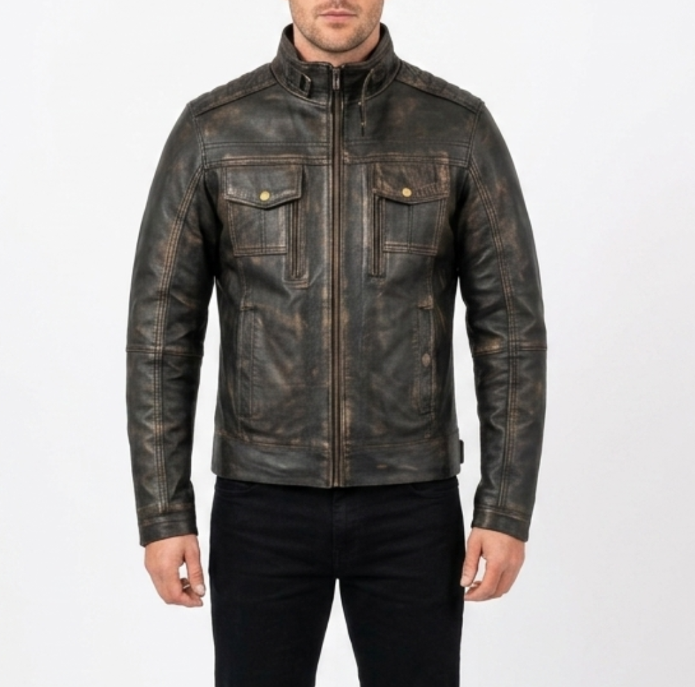 Men’s Brushed Antique Grey Leather Cafe Racer Jacket