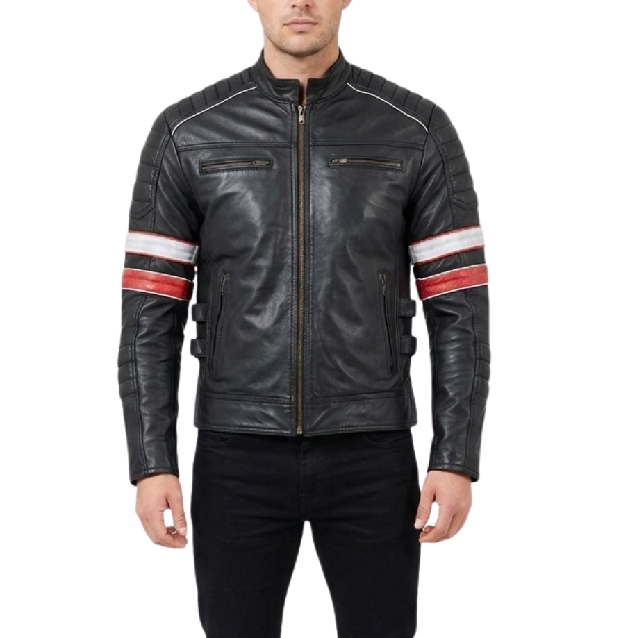 The Oxford Tracer | Retro Striped Cafe Racer Leather Jacket