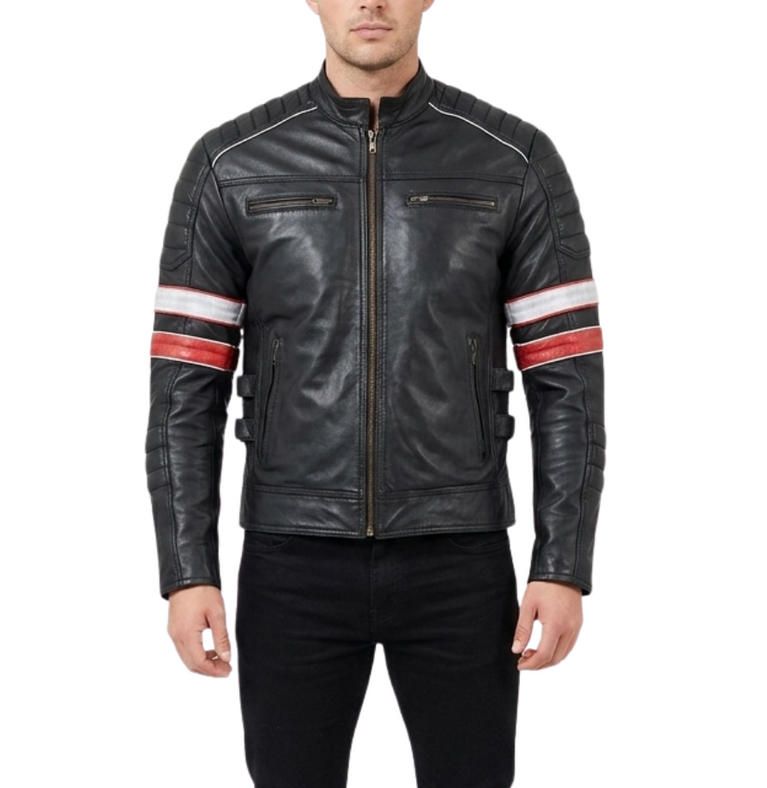 The Oxford Tracer | Retro Striped Cafe Racer Leather Jacket