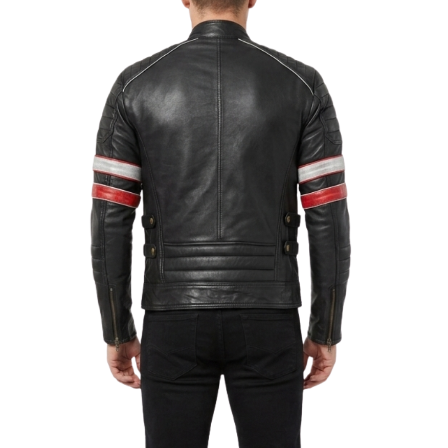 The Oxford Tracer | Retro Striped Cafe Racer Leather Jacket