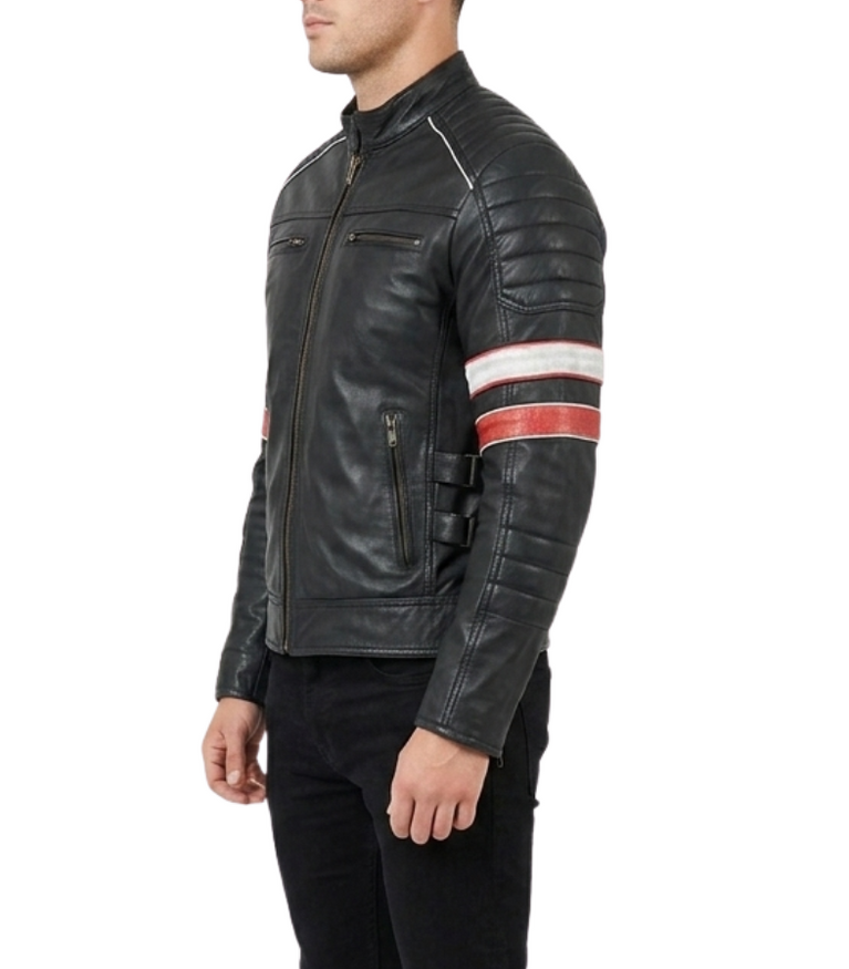 The Oxford Tracer | Retro Striped Cafe Racer Leather Jacket
