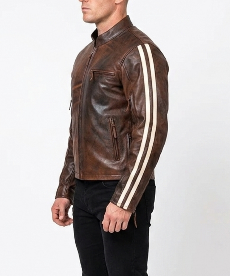 Men’s Leather Cruiser Jacket with Removable Armour and Mandarin Collar