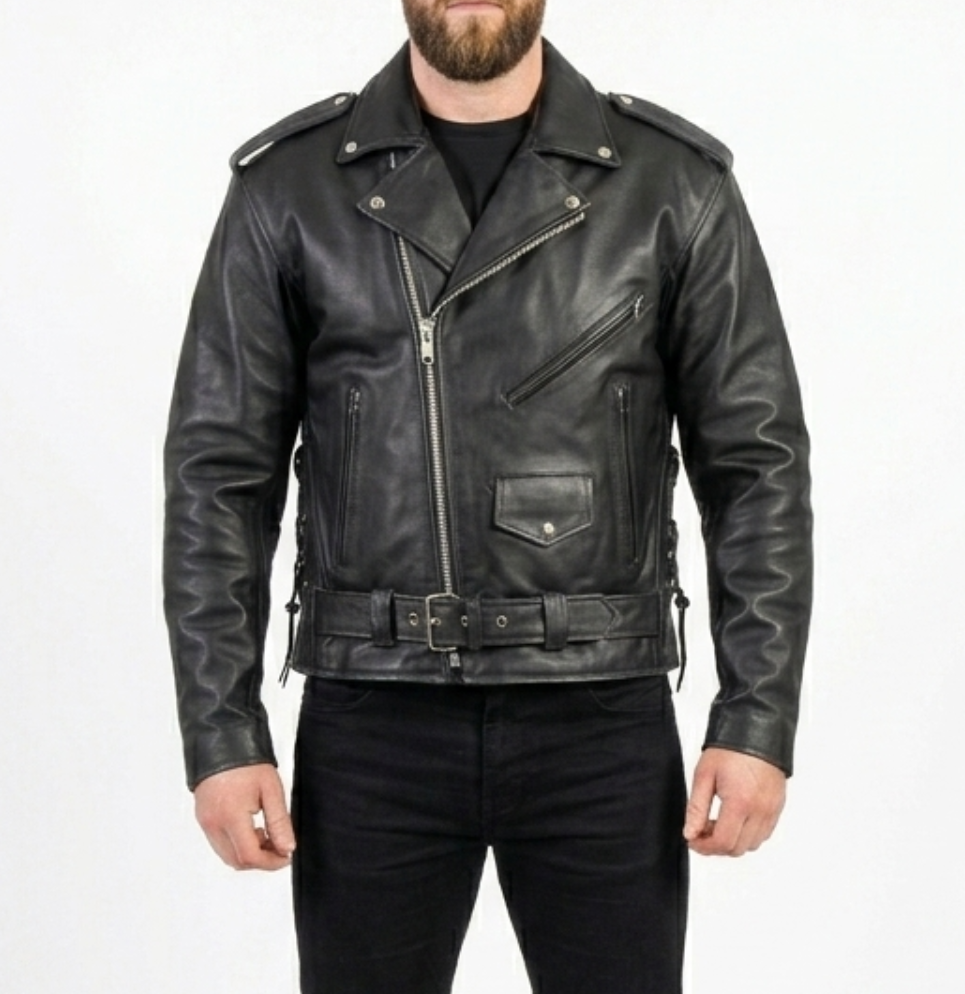 Men’s Embossed Flying Skull Distressed Leather Biker Jacket
