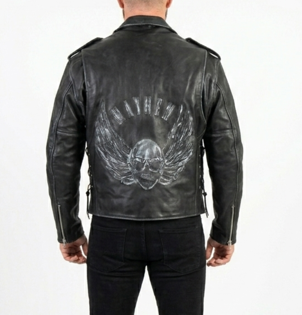 Men’s Embossed Flying Skull Distressed Leather Biker Jacket