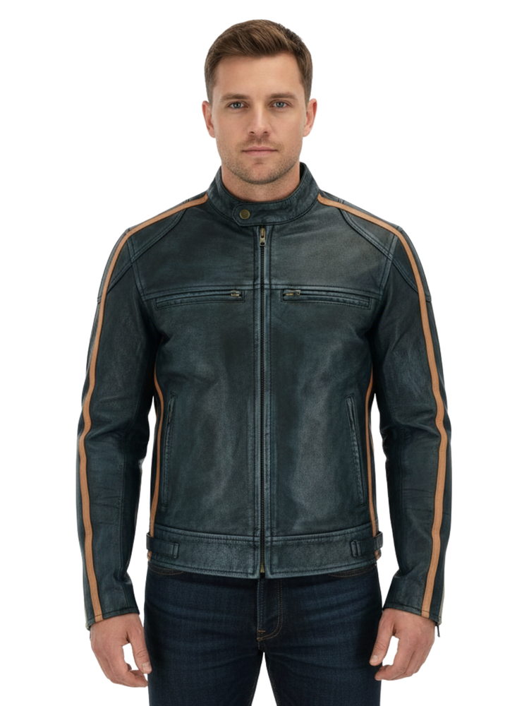 Men's Bristol Classic Wax Striped Leather Biker Jacket