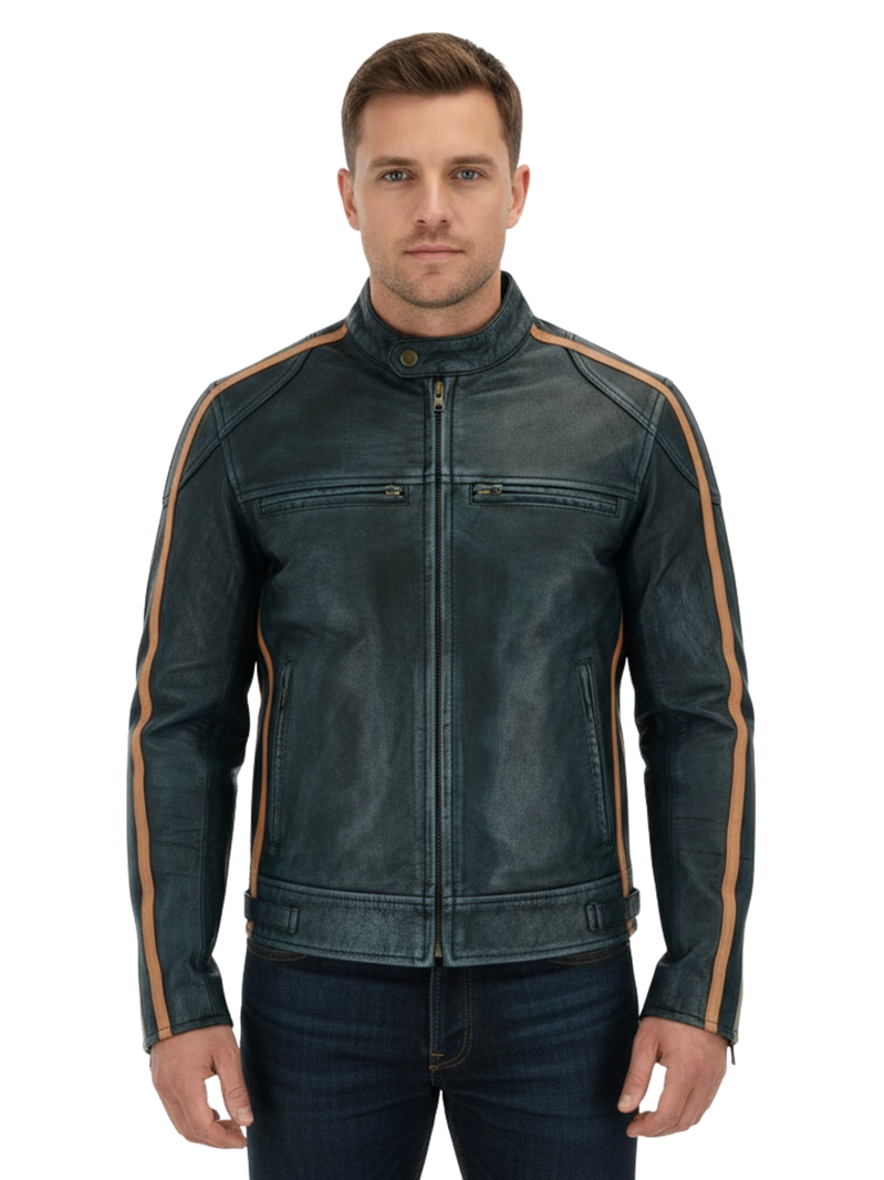Men's Bristol Classic Wax Striped Leather Biker Jacket