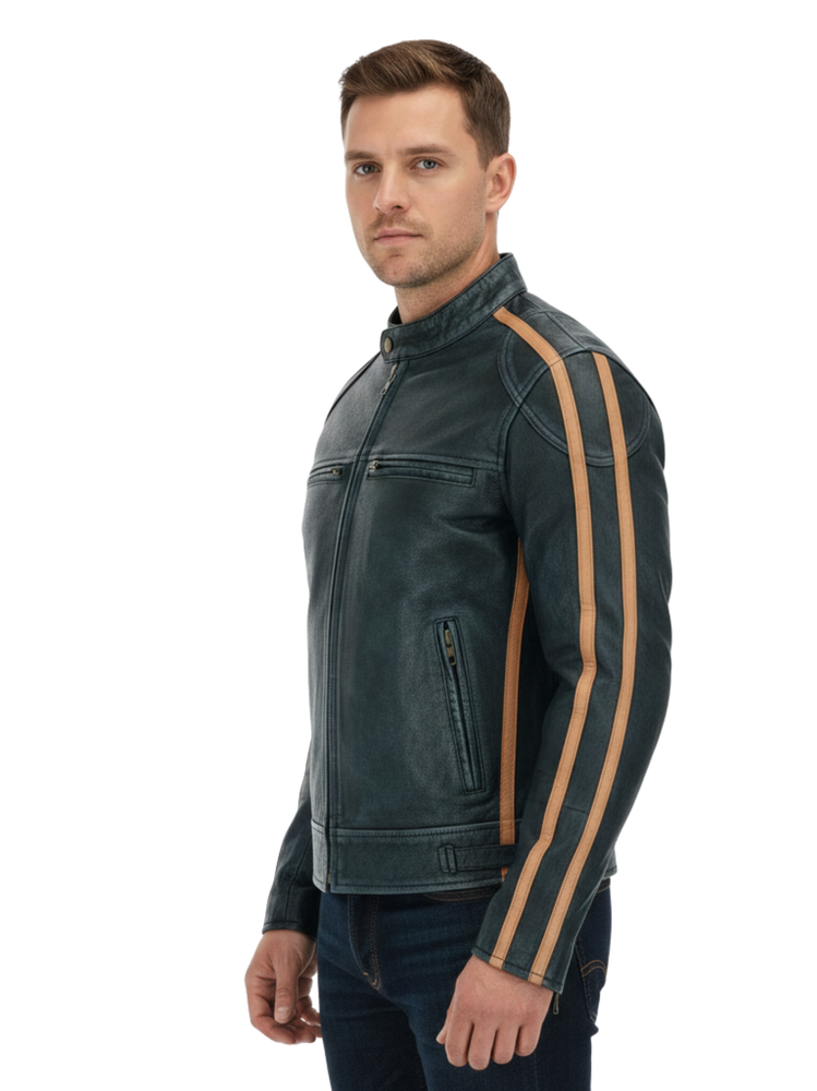 Men's Bristol Classic Wax Striped Leather Biker Jacket