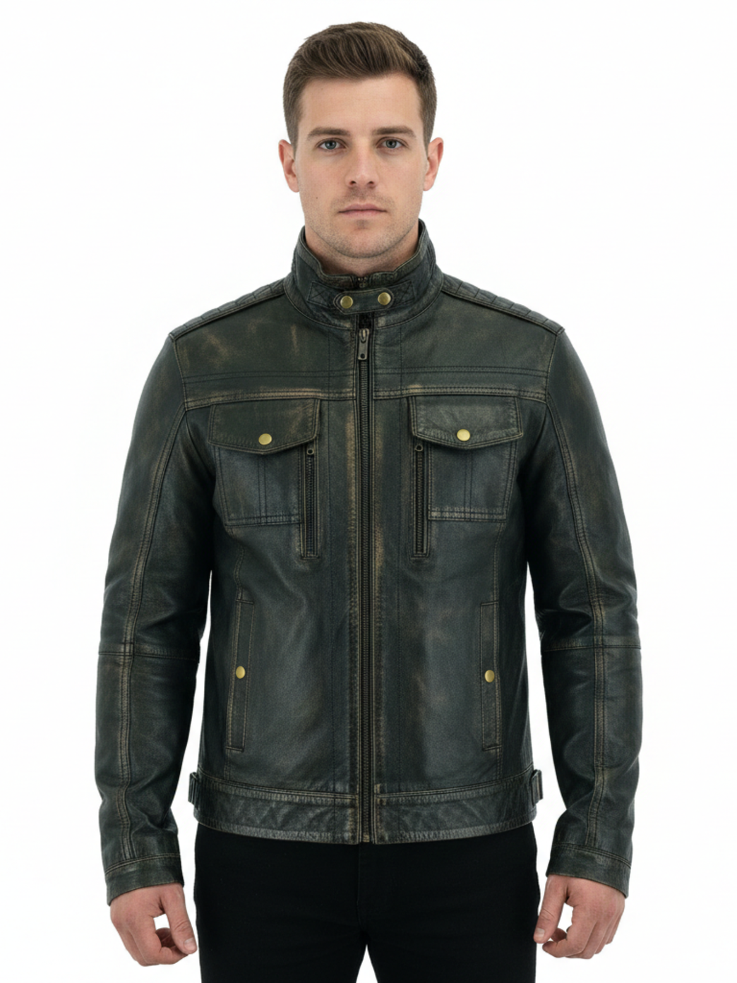 Men’s Brushed Antique Grey Leather Cafe Racer Jacket