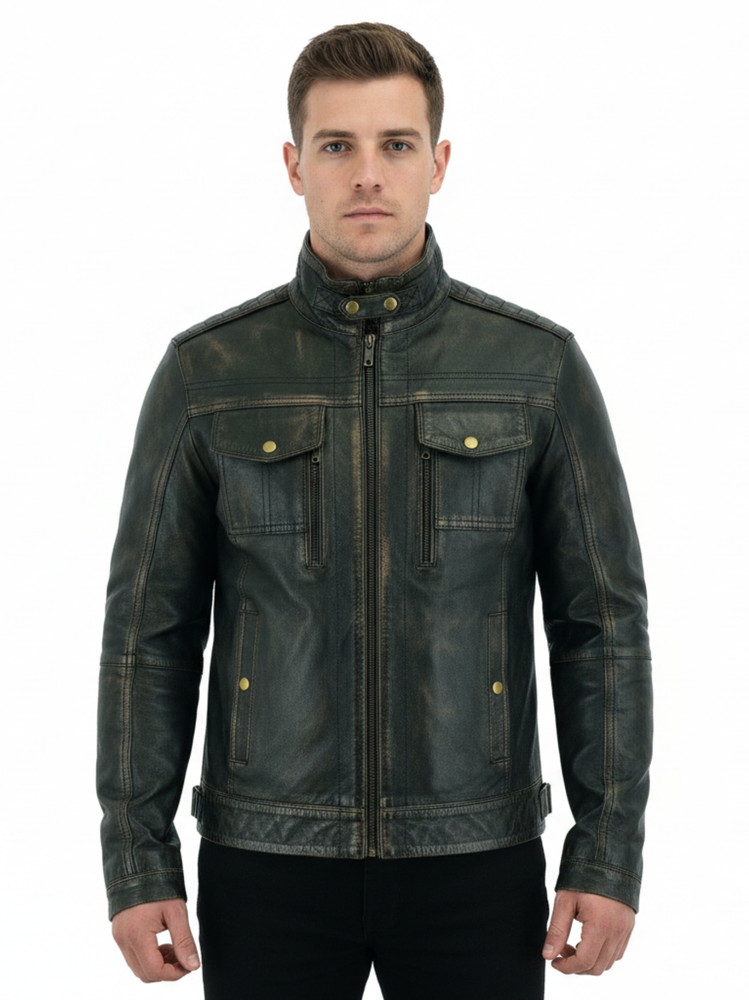 Men’s Brushed Antique Grey Leather Cafe Racer Jacket
