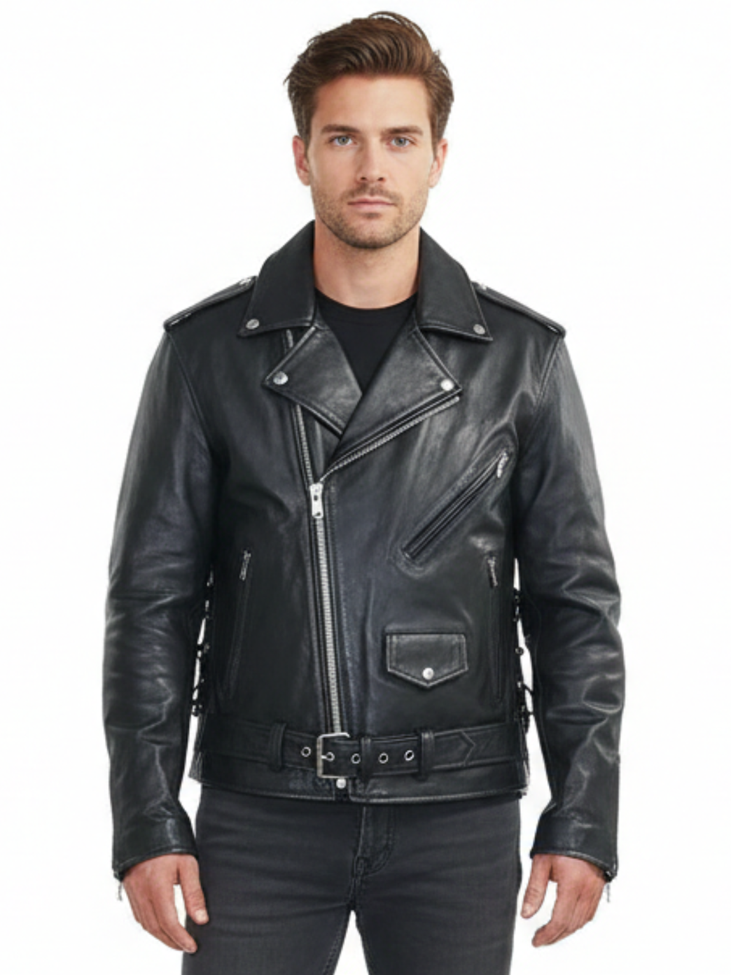 Men’s Embossed Flying Skull Distressed Leather Biker Jacket