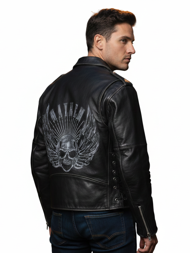 Men’s Embossed Flying Skull Distressed Leather Biker Jacket