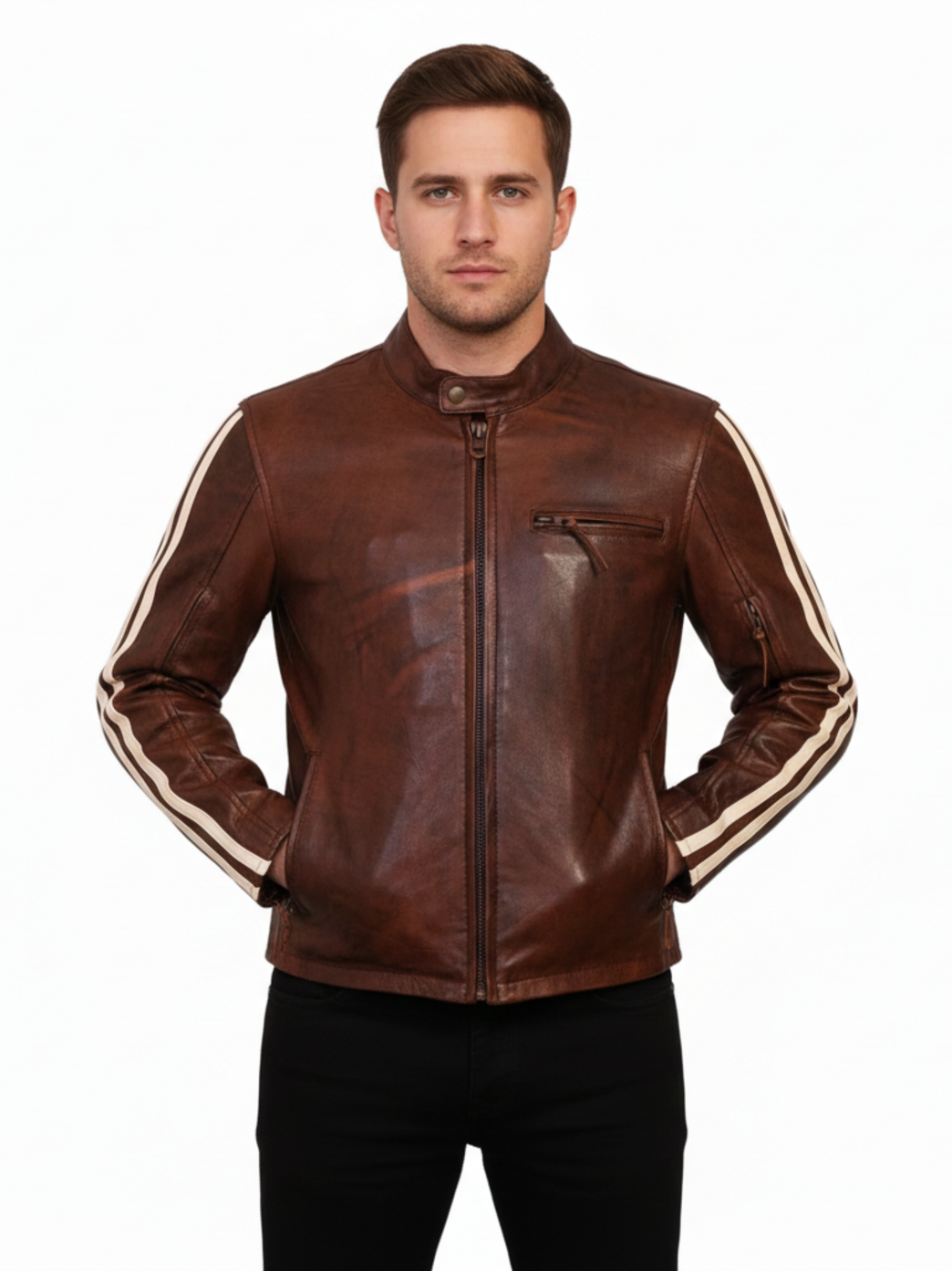 Men’s Leather Cruiser Jacket with Removable Armour and Mandarin Collar