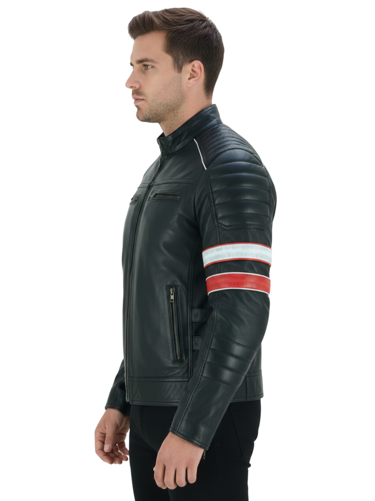 The Oxford Tracer | Retro Striped Cafe Racer Leather Jacket