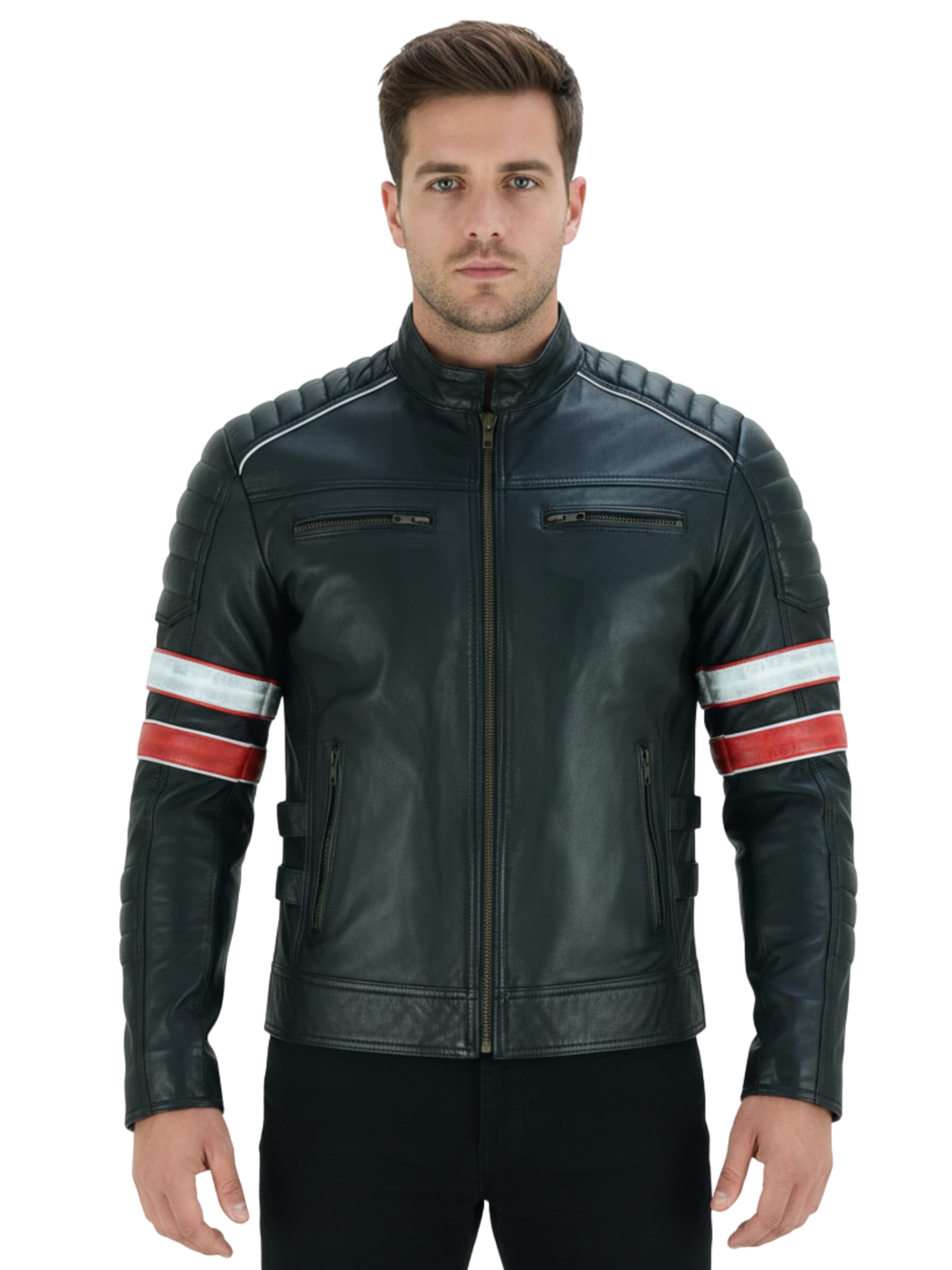 The Oxford Tracer | Retro Striped Cafe Racer Leather Jacket